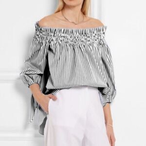 Caroline Constas Lou Off the Shoulder Blouse White Black and Grey Striped Sz M